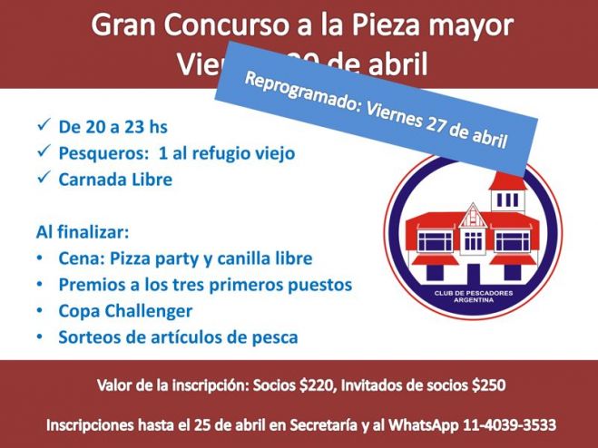 Reprogramación del Concurso a la Pieza mayor: viernes 27 de abril